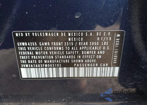 2015 Volkswagen Golf Tdi S 4-Door из США, поврежденный, VIN 3VW2A7AU3FM063192